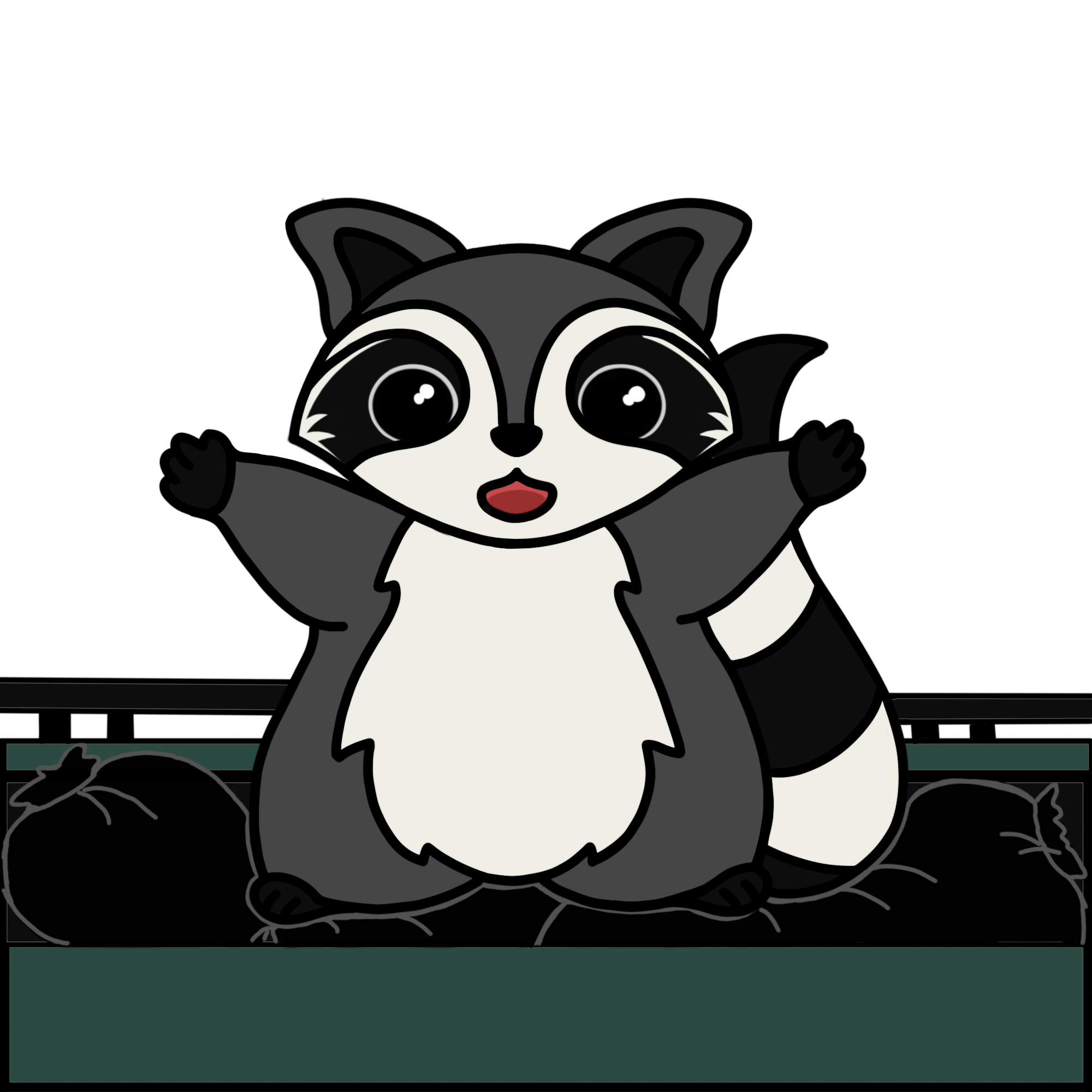 The Trash Panda mascot, a raccoon in a forest-teal dumpster